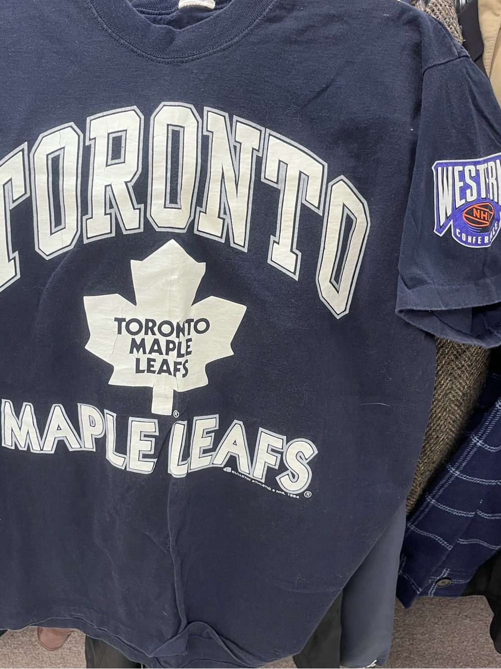 Vintage Toronto Maple Leafs 1994 NHL Big Graphic Navy Bulletin Shirt Size M/L